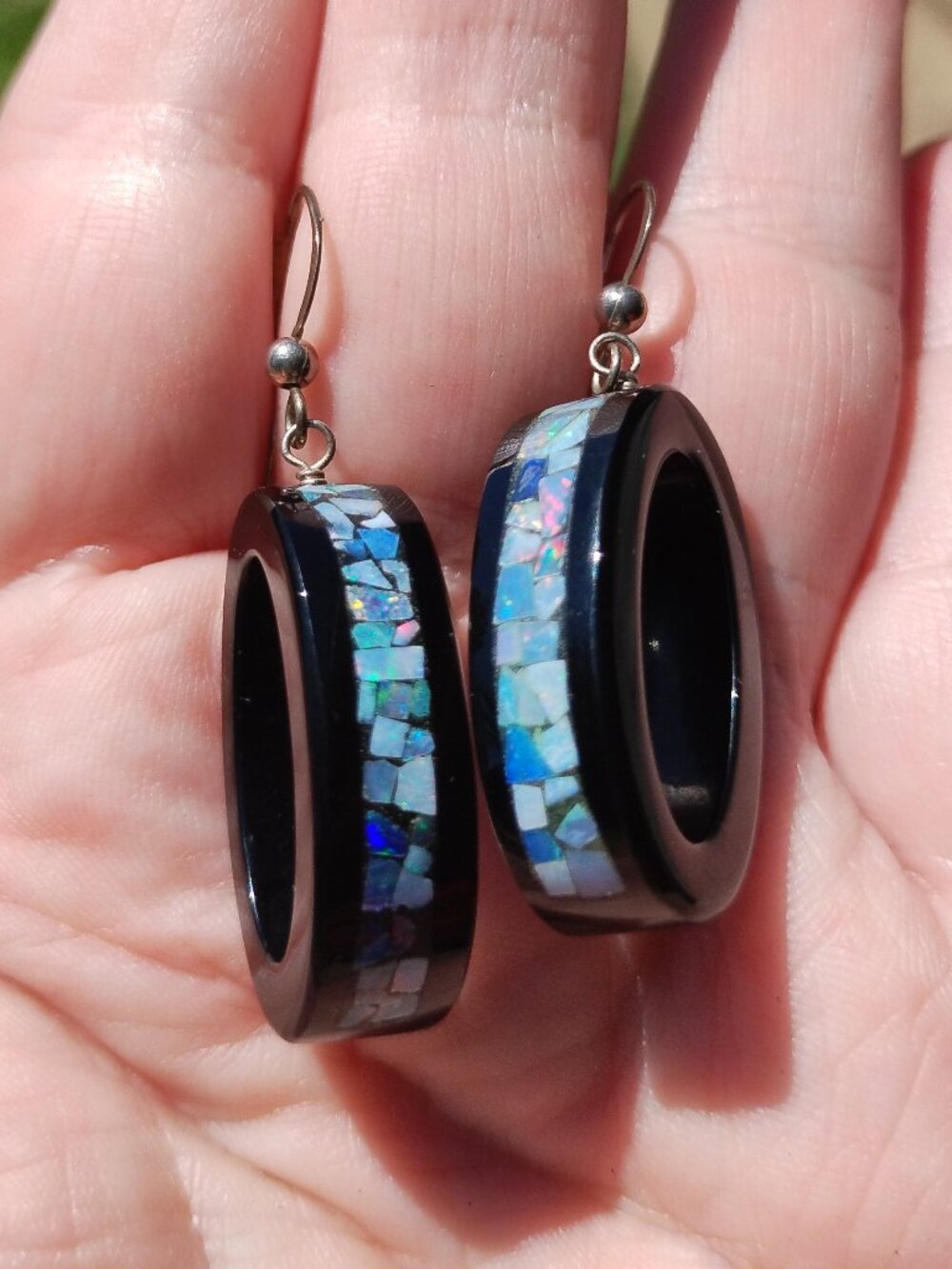 Jay King DTR black agate micro opal inlay earrings 925 Sterling Silver